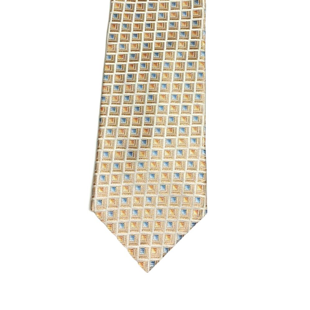 Metropolitan View Silk Tie Men’s 59” Beige Blue Geometric Designer Wide Tie New